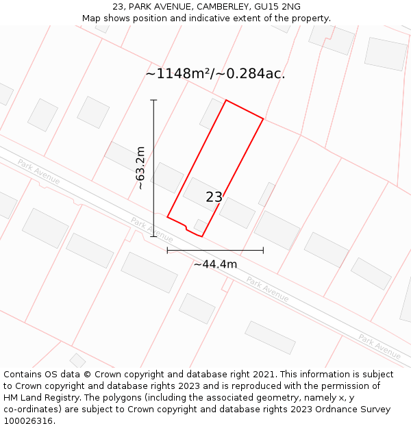 23, PARK AVENUE, CAMBERLEY, GU15 2NG: Plot and title map