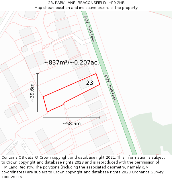 23, PARK LANE, BEACONSFIELD, HP9 2HR: Plot and title map