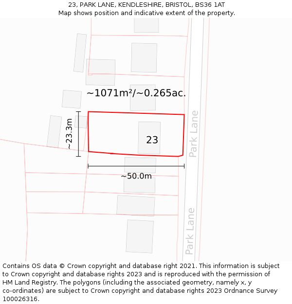 23, PARK LANE, KENDLESHIRE, BRISTOL, BS36 1AT: Plot and title map