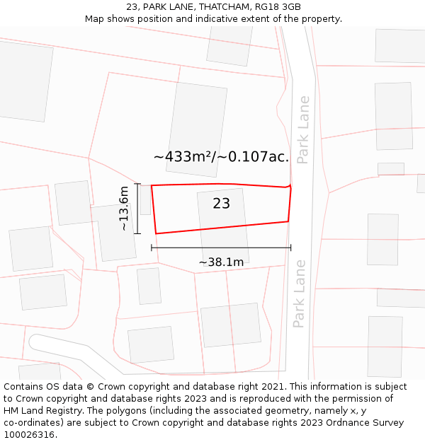 23, PARK LANE, THATCHAM, RG18 3GB: Plot and title map