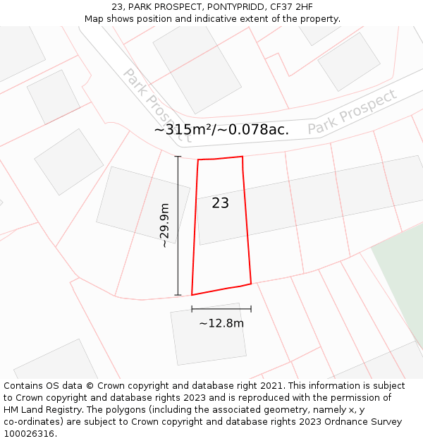 23, PARK PROSPECT, PONTYPRIDD, CF37 2HF: Plot and title map