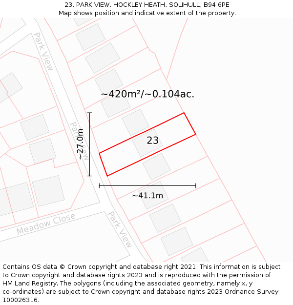 23, PARK VIEW, HOCKLEY HEATH, SOLIHULL, B94 6PE: Plot and title map