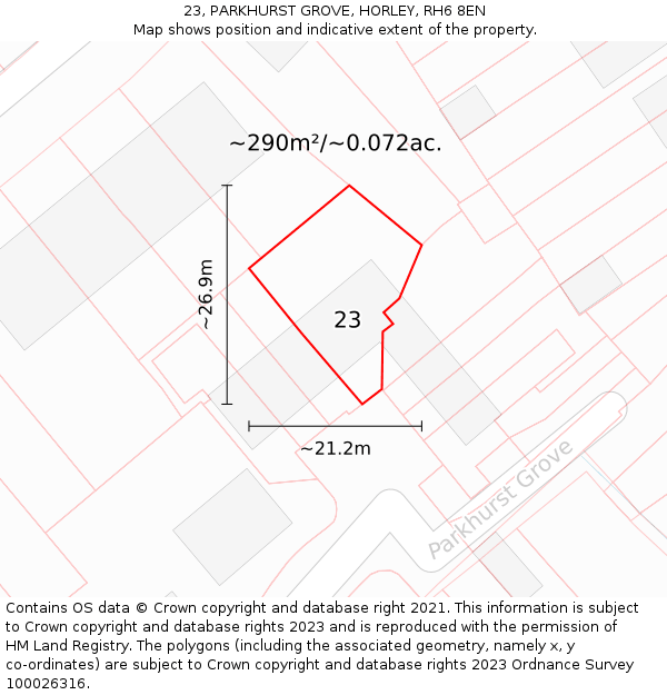 23, PARKHURST GROVE, HORLEY, RH6 8EN: Plot and title map