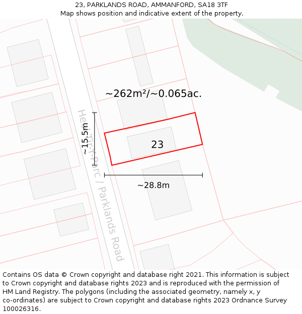 23, PARKLANDS ROAD, AMMANFORD, SA18 3TF: Plot and title map