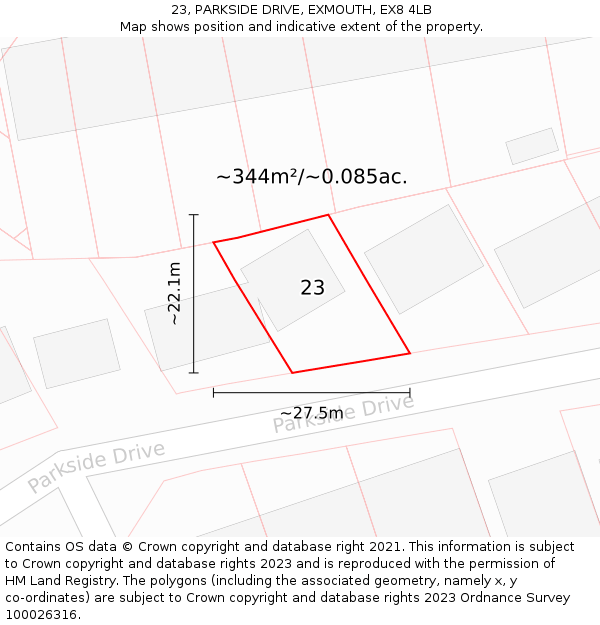 23, PARKSIDE DRIVE, EXMOUTH, EX8 4LB: Plot and title map