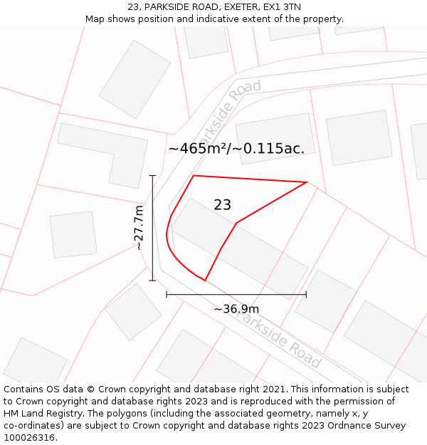 23, PARKSIDE ROAD, EXETER, EX1 3TN: Plot and title map