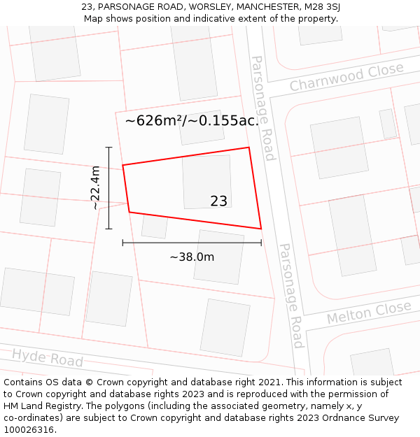 23, PARSONAGE ROAD, WORSLEY, MANCHESTER, M28 3SJ: Plot and title map