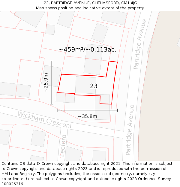 23, PARTRIDGE AVENUE, CHELMSFORD, CM1 4JG: Plot and title map