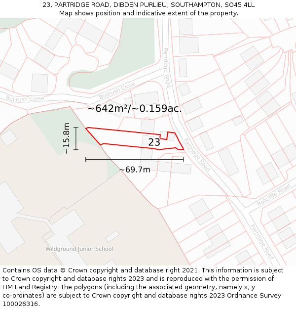 23, PARTRIDGE ROAD, DIBDEN PURLIEU, SOUTHAMPTON, SO45 4LL: Plot and title map