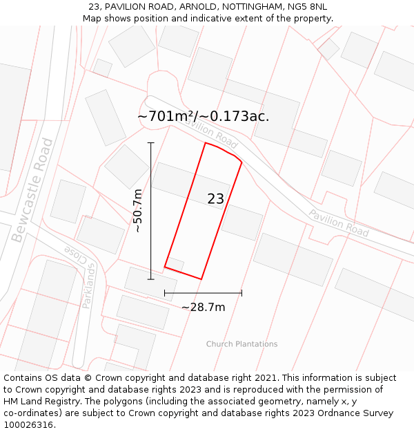 23, PAVILION ROAD, ARNOLD, NOTTINGHAM, NG5 8NL: Plot and title map