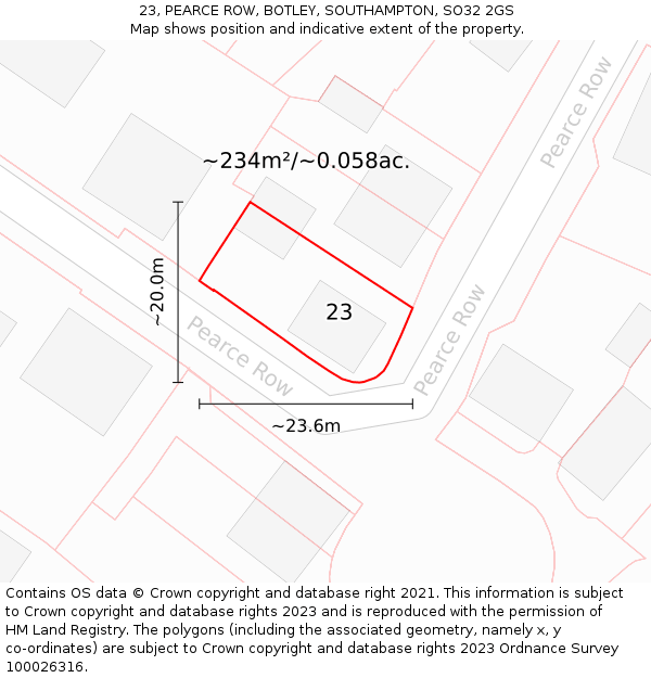 23, PEARCE ROW, BOTLEY, SOUTHAMPTON, SO32 2GS: Plot and title map