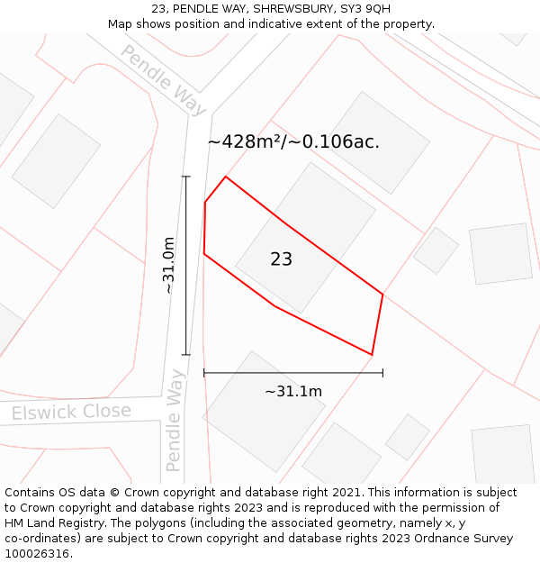 23, PENDLE WAY, SHREWSBURY, SY3 9QH: Plot and title map