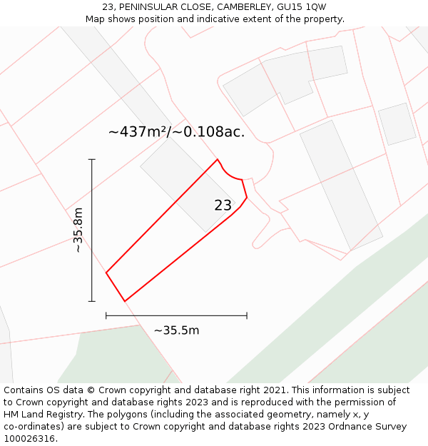 23, PENINSULAR CLOSE, CAMBERLEY, GU15 1QW: Plot and title map