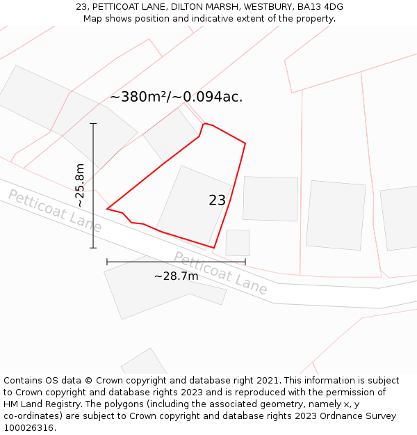 23, PETTICOAT LANE, DILTON MARSH, WESTBURY, BA13 4DG: Plot and title map