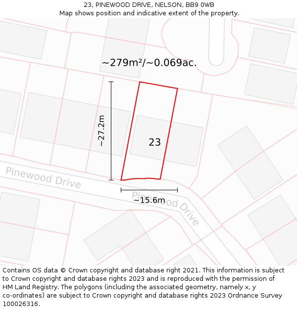 23, PINEWOOD DRIVE, NELSON, BB9 0WB: Plot and title map