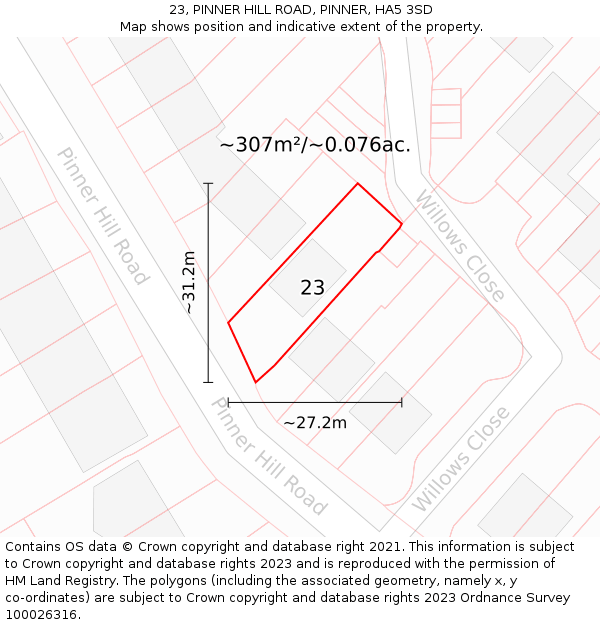 23, PINNER HILL ROAD, PINNER, HA5 3SD: Plot and title map