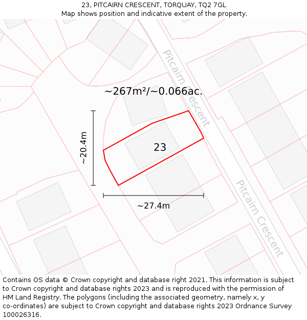 23, PITCAIRN CRESCENT, TORQUAY, TQ2 7GL: Plot and title map