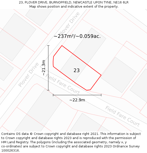 23, PLOVER DRIVE, BURNOPFIELD, NEWCASTLE UPON TYNE, NE16 6LR: Plot and title map