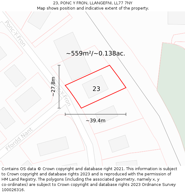 23, PONC Y FRON, LLANGEFNI, LL77 7NY: Plot and title map