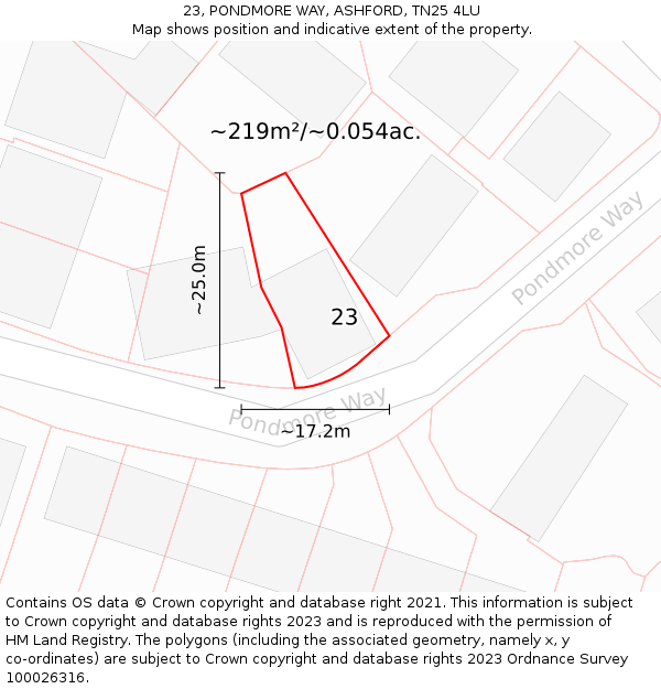 23, PONDMORE WAY, ASHFORD, TN25 4LU: Plot and title map