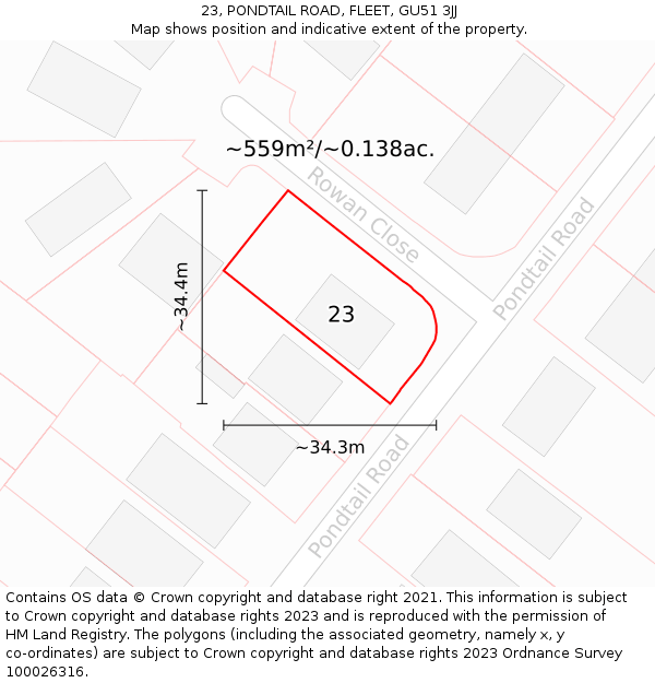 23, PONDTAIL ROAD, FLEET, GU51 3JJ: Plot and title map