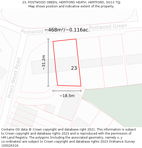 23, POSTWOOD GREEN, HERTFORD HEATH, HERTFORD, SG13 7QJ: Plot and title map