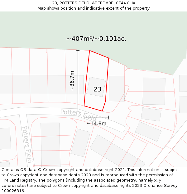 23, POTTERS FIELD, ABERDARE, CF44 8HX: Plot and title map