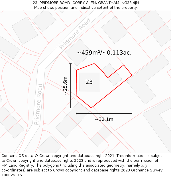 23, PRIDMORE ROAD, CORBY GLEN, GRANTHAM, NG33 4JN: Plot and title map