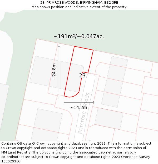 23, PRIMROSE WOODS, BIRMINGHAM, B32 3RE: Plot and title map