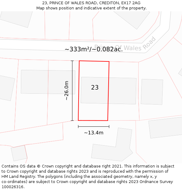 23, PRINCE OF WALES ROAD, CREDITON, EX17 2AG: Plot and title map