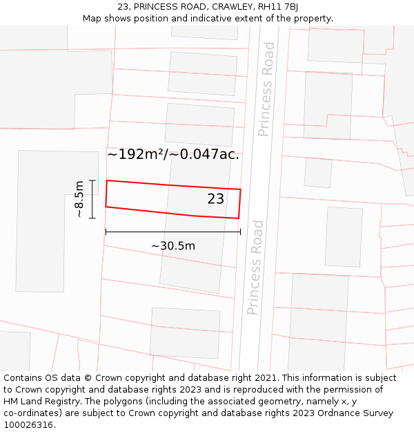 23, PRINCESS ROAD, CRAWLEY, RH11 7BJ: Plot and title map