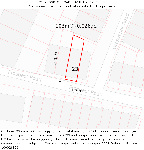 23, PROSPECT ROAD, BANBURY, OX16 5HW: Plot and title map