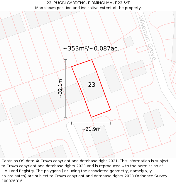 23, PUGIN GARDENS, BIRMINGHAM, B23 5YF: Plot and title map