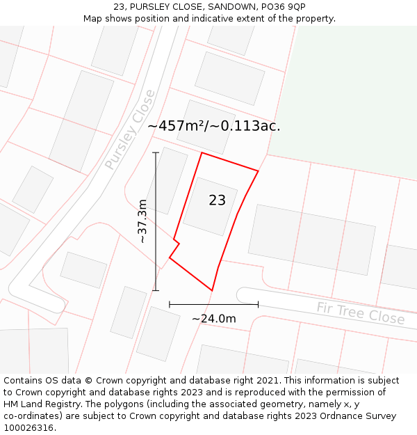 23, PURSLEY CLOSE, SANDOWN, PO36 9QP: Plot and title map