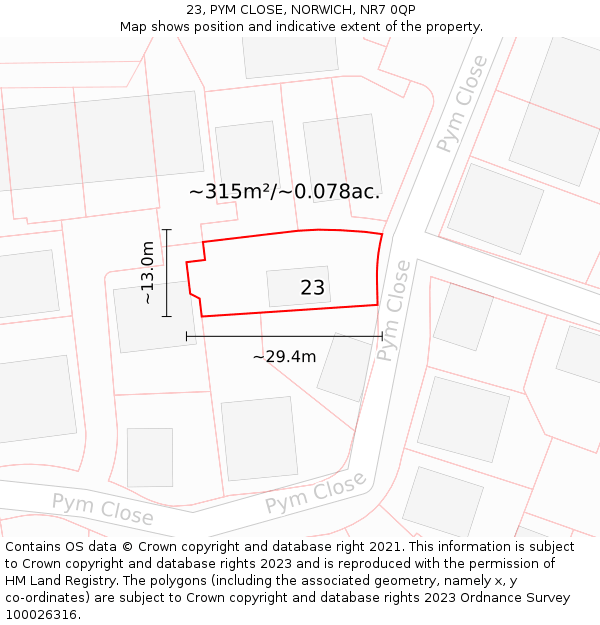 23, PYM CLOSE, NORWICH, NR7 0QP: Plot and title map