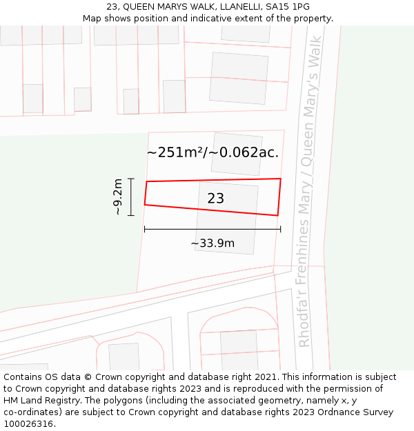 23, QUEEN MARYS WALK, LLANELLI, SA15 1PG: Plot and title map