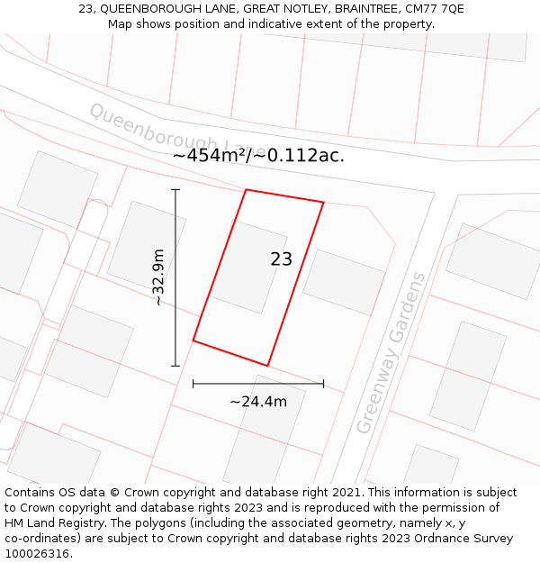 23, QUEENBOROUGH LANE, GREAT NOTLEY, BRAINTREE, CM77 7QE: Plot and title map