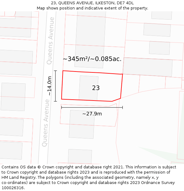 23, QUEENS AVENUE, ILKESTON, DE7 4DL: Plot and title map