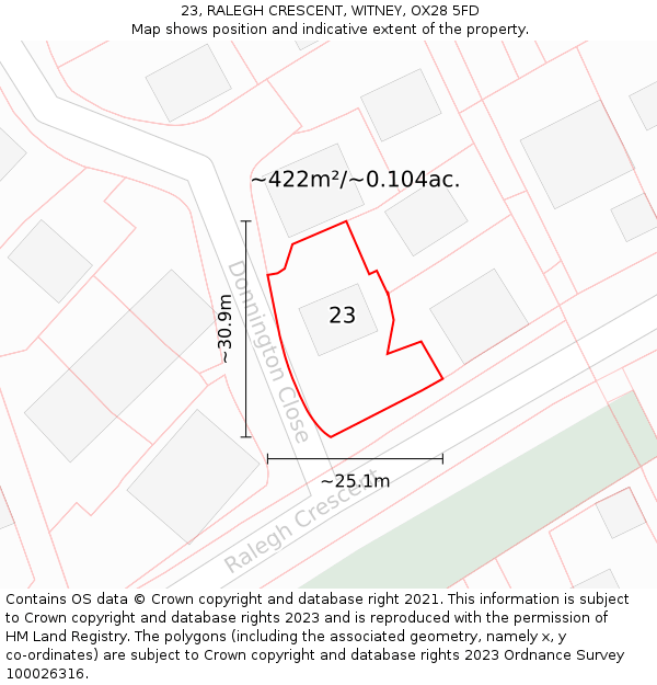 23, RALEGH CRESCENT, WITNEY, OX28 5FD: Plot and title map