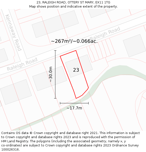 23, RALEIGH ROAD, OTTERY ST MARY, EX11 1TG: Plot and title map
