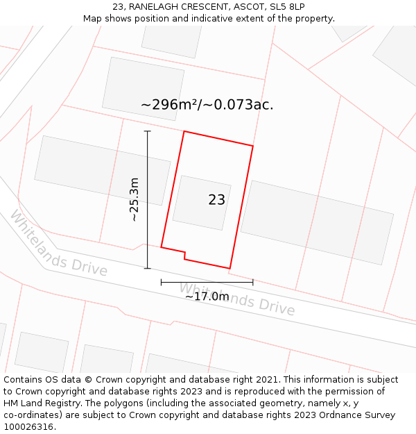 23, RANELAGH CRESCENT, ASCOT, SL5 8LP: Plot and title map