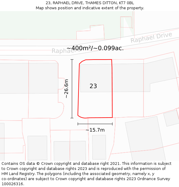 23, RAPHAEL DRIVE, THAMES DITTON, KT7 0BL: Plot and title map