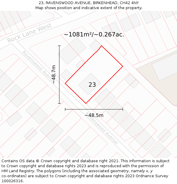 23, RAVENSWOOD AVENUE, BIRKENHEAD, CH42 4NY: Plot and title map