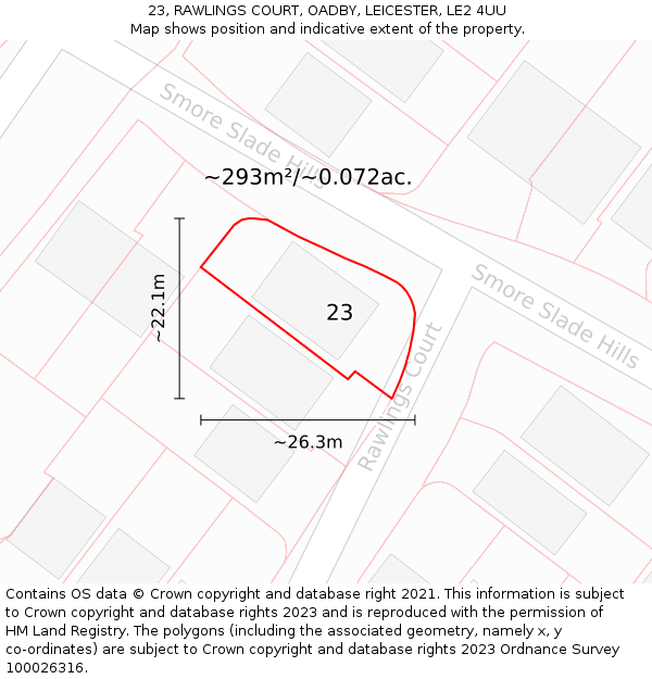 23, RAWLINGS COURT, OADBY, LEICESTER, LE2 4UU: Plot and title map