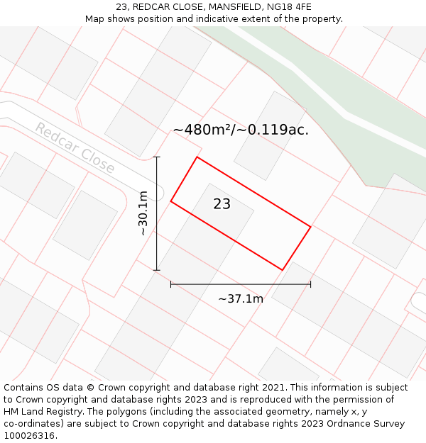 23, REDCAR CLOSE, MANSFIELD, NG18 4FE: Plot and title map
