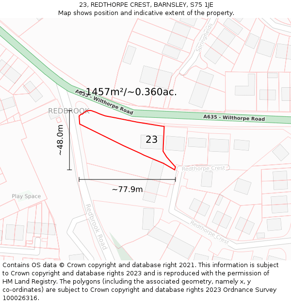 23, REDTHORPE CREST, BARNSLEY, S75 1JE: Plot and title map