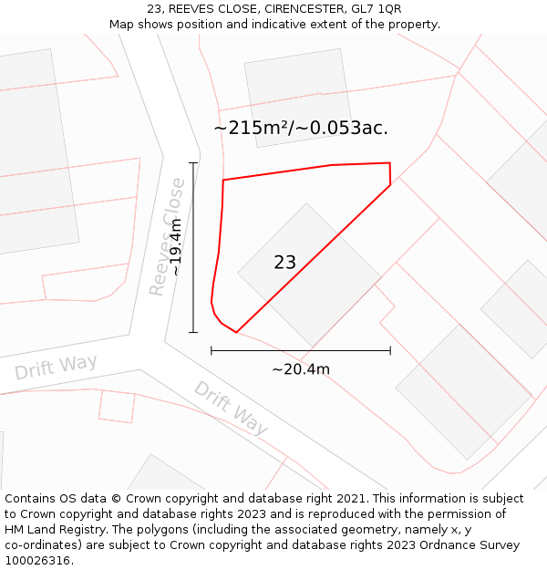 23, REEVES CLOSE, CIRENCESTER, GL7 1QR: Plot and title map