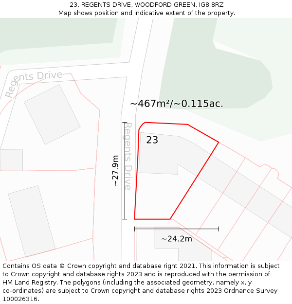 23, REGENTS DRIVE, WOODFORD GREEN, IG8 8RZ: Plot and title map