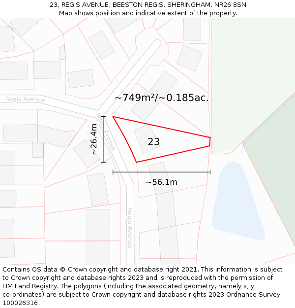 23, REGIS AVENUE, BEESTON REGIS, SHERINGHAM, NR26 8SN: Plot and title map