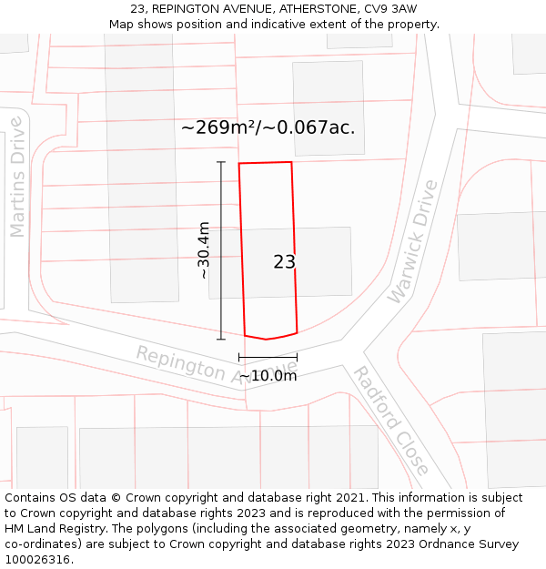 23, REPINGTON AVENUE, ATHERSTONE, CV9 3AW: Plot and title map